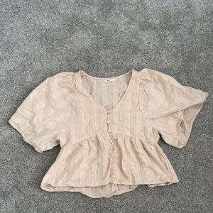 miami Beige Puff Sleeve Button Front Peplum Blouse